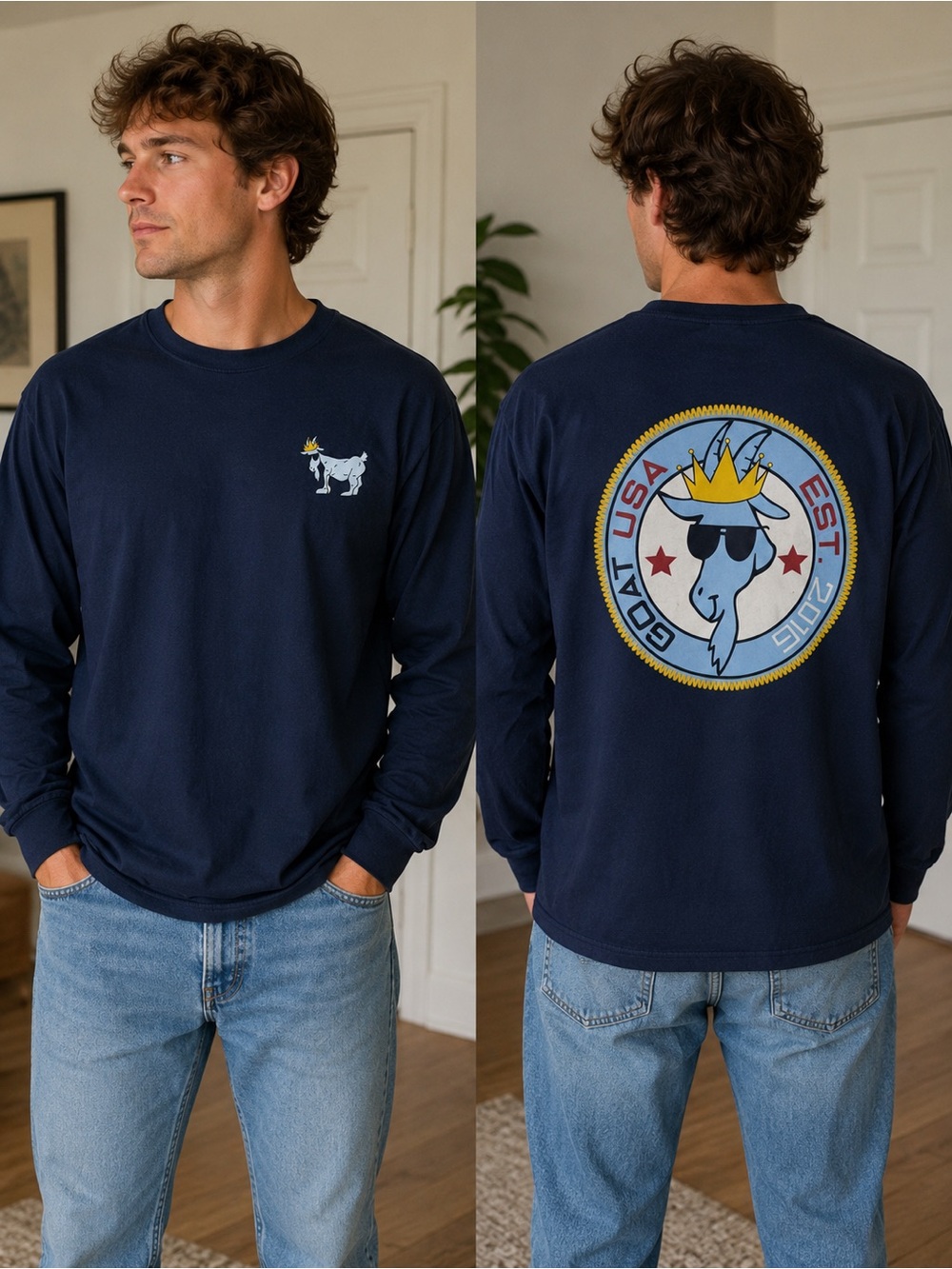 Men's Long-Sleeve Navy Graphic Tee with Crowned Goat Logo